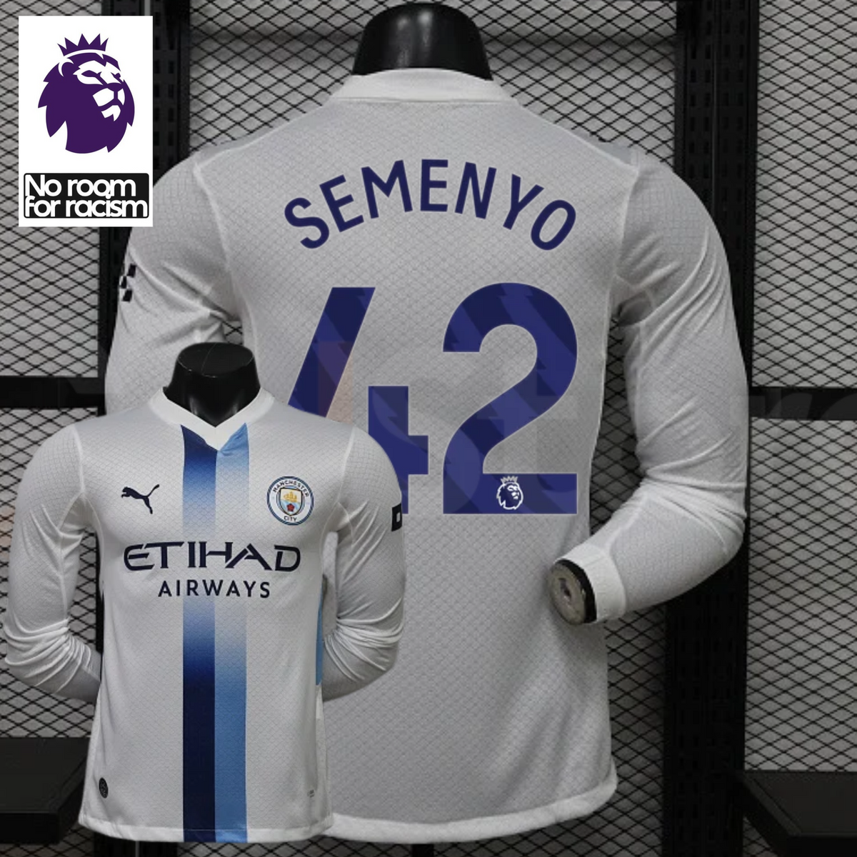 Front and back views of a white Manchester City long-sleeve jersey with blue central stripes and Semenyo number 42 print, alongside a Premier League graphic.