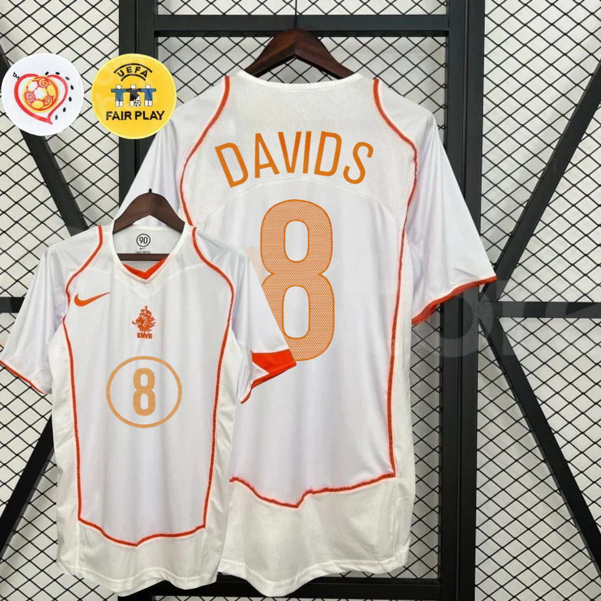 Front and back views of a white Netherlands 2004 away retro short-sleeve jersey with orange trim, Davids number 8 print, and EURO and UEFA Fair Play graphics.