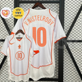  Front and back views of a white Netherlands 2004 away retro short-sleeve jersey with orange trim, V. Nistelrooy number 10 print, and EURO and UEFA Fair Play graphics.