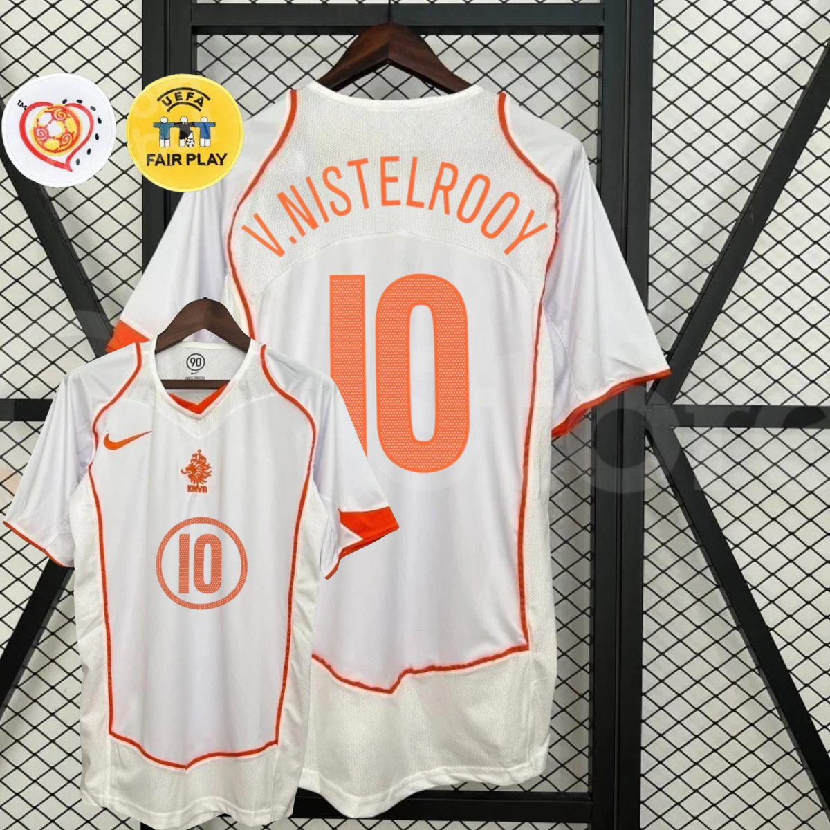  Front and back views of a white Netherlands 2004 away retro short-sleeve jersey with orange trim, V. Nistelrooy number 10 print, and EURO and UEFA Fair Play graphics.