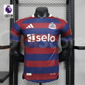 Front view of a Newcastle United short-sleeve jersey with burgundy and navy horizontal stripes, white club crest and Sela sponsor, alongside a Premier League badge graphic.