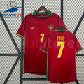 Front and back views of a red Portugal retro short-sleeve home jersey with green and yellow trim, yellow Figo number 7 print and Portugal crest.