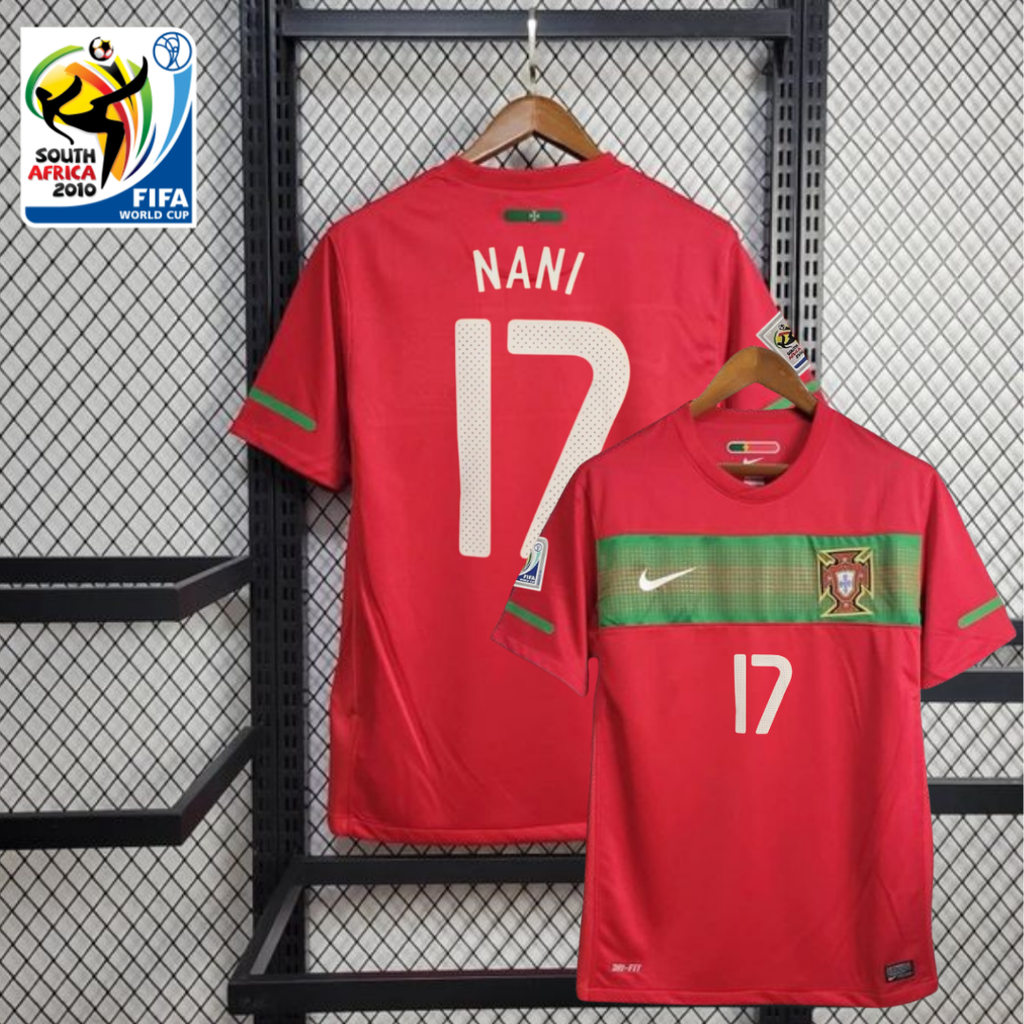 Front and back views of a red Portugal 2010 retro short-sleeve home jersey with a green chest band, Nani number 17 print and World Cup sleeve patch.