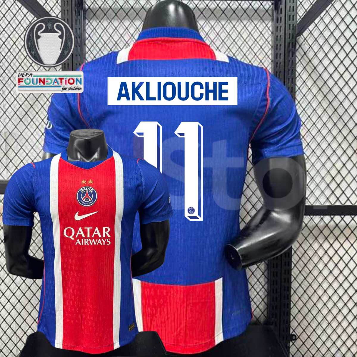Front and back views of a blue PSG short-sleeve jersey with a red and white central stripe, Akliouche lettering and white number 11, alongside trophy and UEFA Foundation graphics.