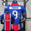 ront and back views of a blue PSG short-sleeve jersey with a red and white central stripe, Ferran lettering and white number 9, alongside trophy and UEFA Foundation graphics.