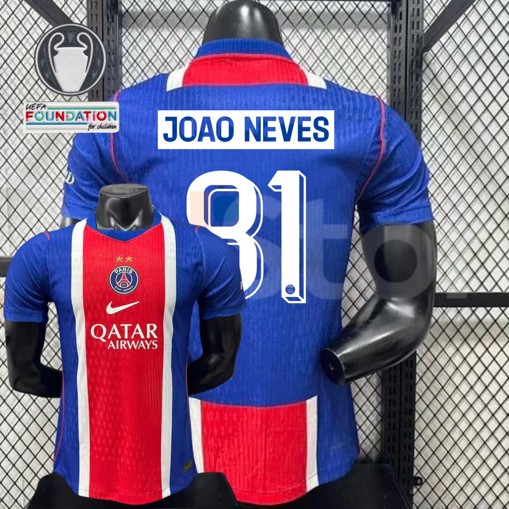  Front and back views of a blue PSG short-sleeve jersey with a red and white central stripe, Joao Neves lettering and number 81 on the back, alongside trophy and UEFA Foundation graphics.