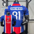  Front and back views of a blue PSG short-sleeve jersey with a red and white central stripe, Joao Neves lettering and number 81 on the back, alongside trophy and UEFA Foundation graphics.