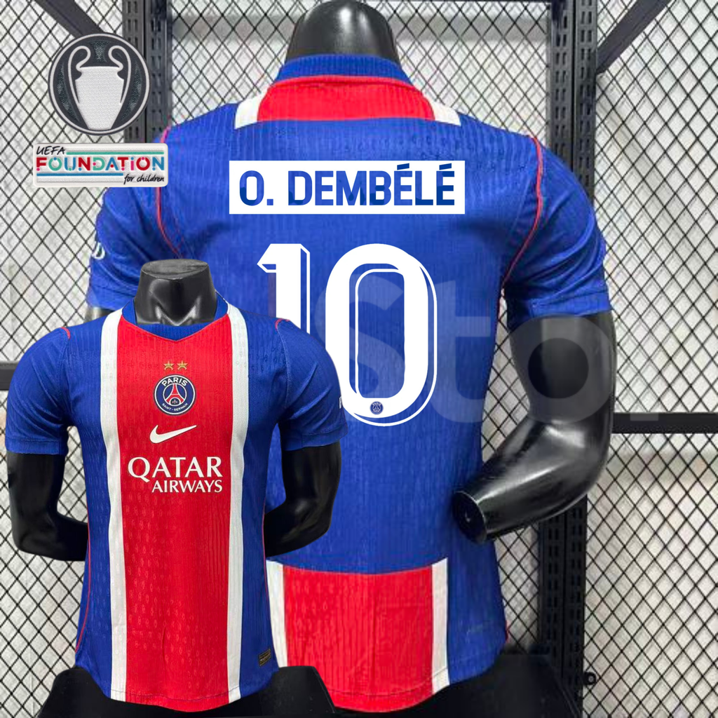  Front and back views of a blue PSG short-sleeve jersey with a red and white central stripe, O. Dembélé lettering and white number 10, alongside trophy and UEFA Foundation graphics.