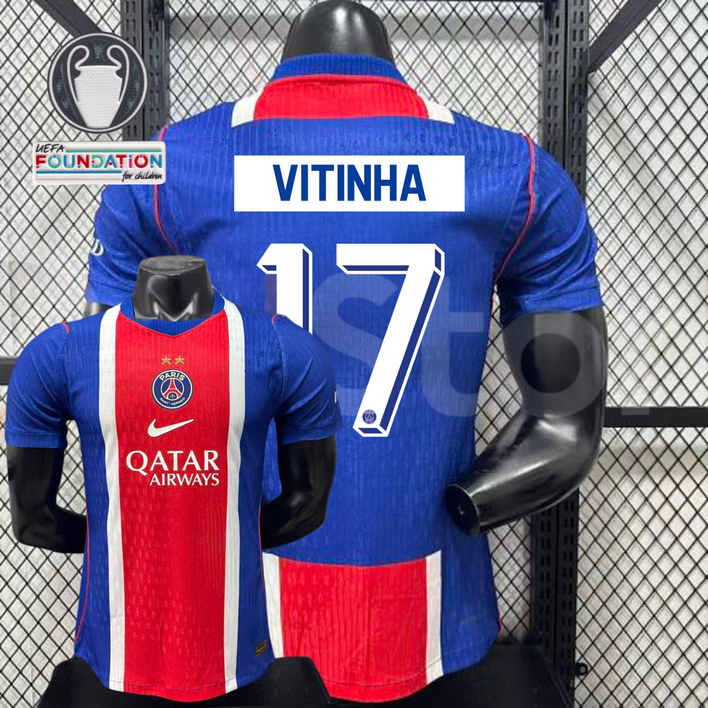 Front and back views of a blue PSG short-sleeve jersey with a red and white central stripe, Vitinha lettering and white number 17, alongside trophy and UEFA Foundation graphics.