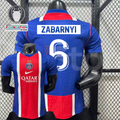 Front and back views of a blue PSG short-sleeve jersey with a red and white central stripe, Zabarnyi lettering and white number 6, alongside trophy and UEFA Foundation graphics.
