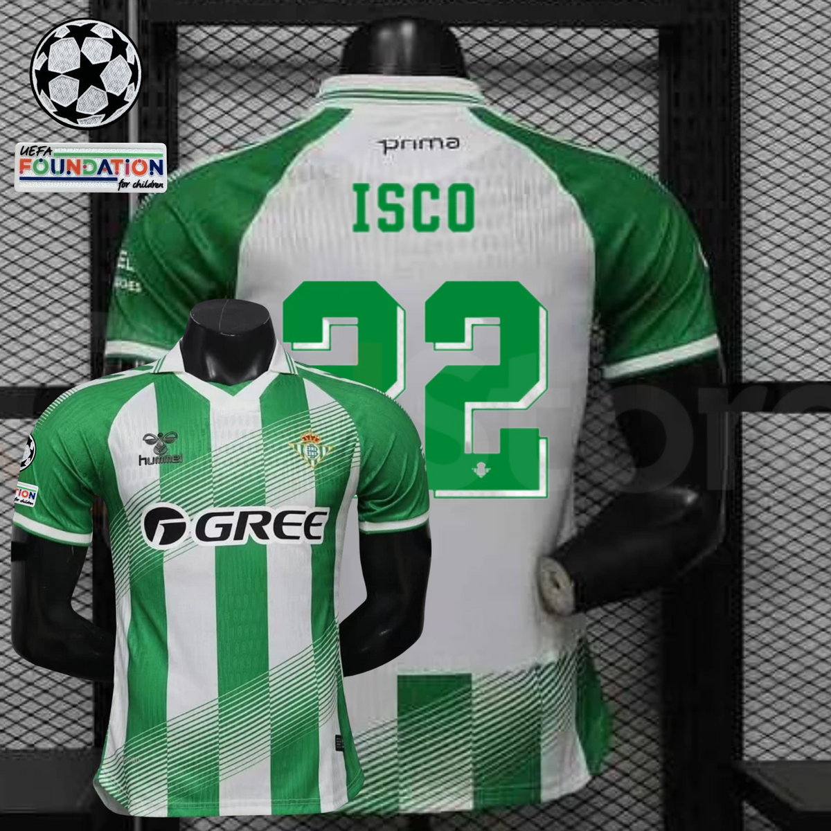 Real Betis green and white short-sleeve jersey shown from the front and back, with green ISCO 22 print, GREE sponsor, diagonal details and Champions League and UEFA Foundation sleeve patches.
