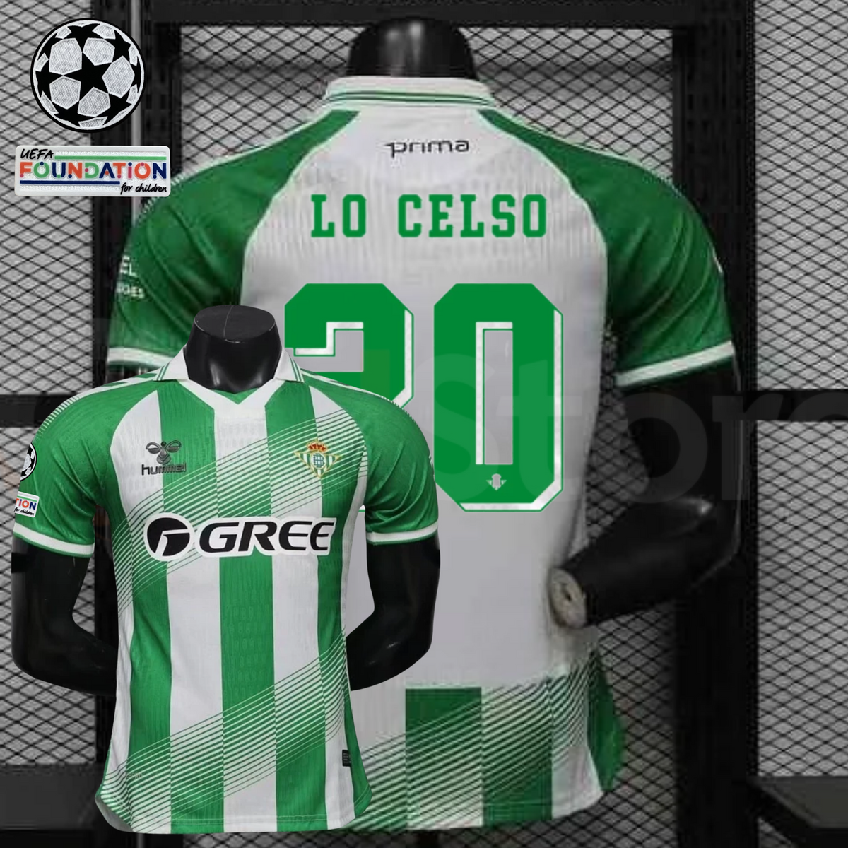 Real Betis green and white short-sleeve jersey shown from the front and back, with green LO CELSO 20 print, GREE sponsor, diagonal details and Champions League sleeve patches.
