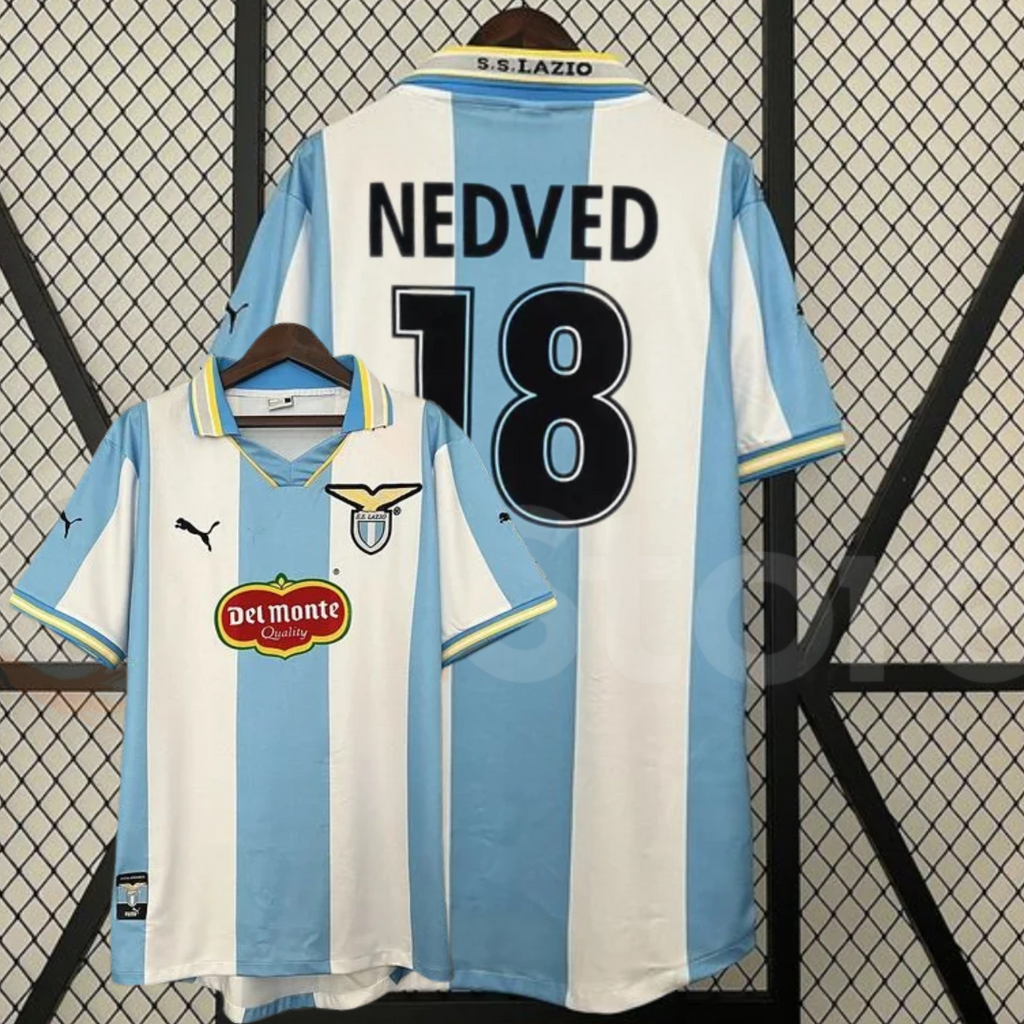 SS Lazio retro jersey shown from the front and back, with sky-blue and white stripes, black NEDVED 18 print, short sleeves, Lazio crest and Del Monte sponsor.
