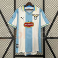 SS Lazio retro short-sleeve jersey with sky-blue and white vertical stripes, a fold-over collar with yellow trim, Lazio crest, Puma logos and Del Monte sponsor.
