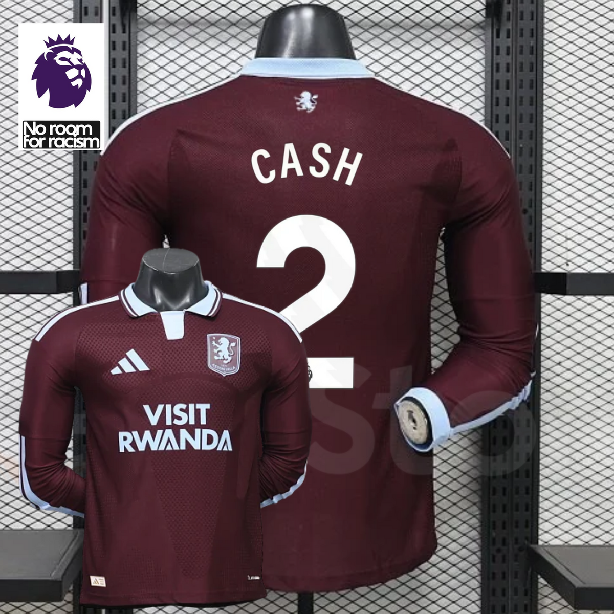 Front and back views of a claret Aston Villa long-sleeve jersey with a light blue collar, white Cash number 2 print and Visit Rwanda sponsor, alongside Premier League graphics.