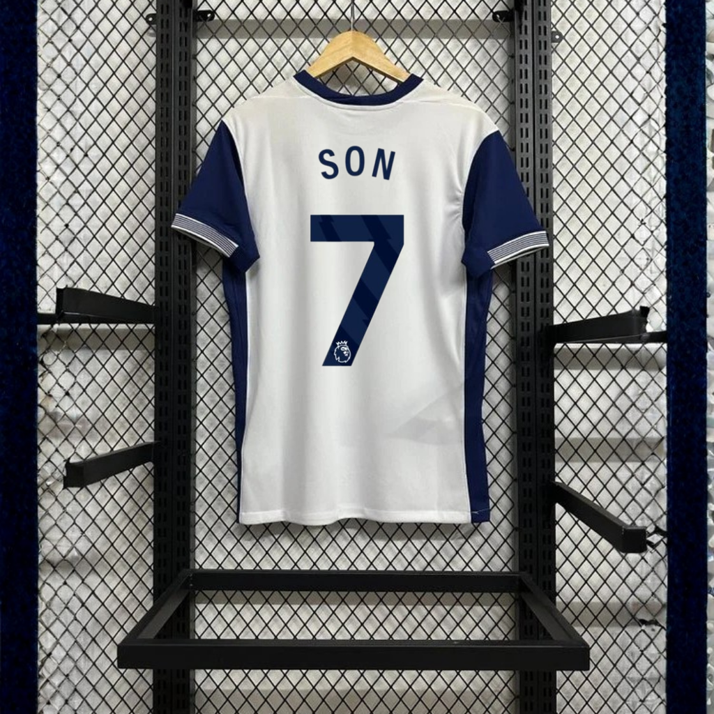 Back view of a white Tottenham Hotspur short-sleeve home jersey with navy sleeves, navy side panels and Son number 7 print.