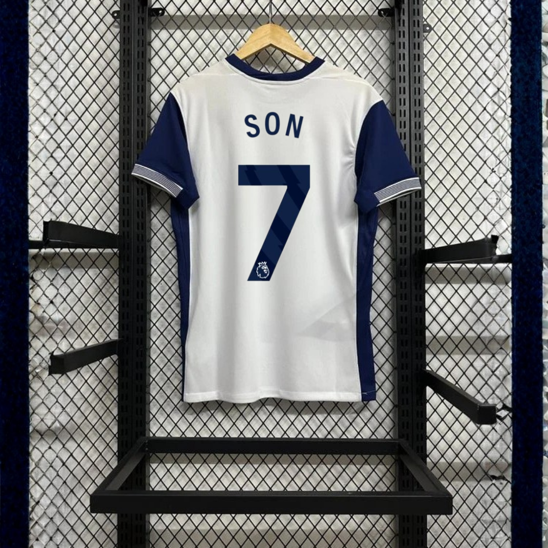 Back view of a white Tottenham Hotspur short-sleeve home jersey with navy sleeves, navy side panels and Son number 7 print.