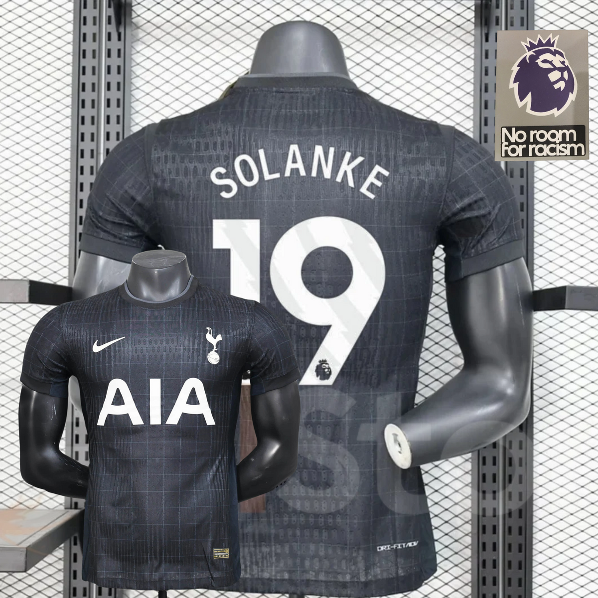 Front and back views of a black Tottenham Hotspur short-sleeve jersey with a subtle grid pattern, white Solanke number 19 print, white club crest and AIA sponsor.