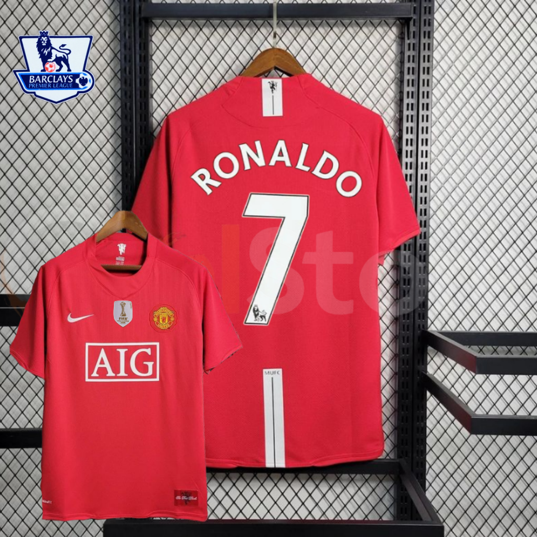 Manchester United 2007-2008 Retro Home Short Sleeve Jersey #7 Ronaldo Personalized PL Patch Rare