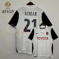 Front and back views of a white Valencia CF short-sleeve jersey with black sleeves, Aimar number 21 print, red Toyota sponsor and UEFA Cup Final Göteborg 2004 chest lettering.